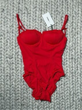 STAUD -Gossamer Red Ruffled Cup Swim Suit One Piece—Color: Red Rose